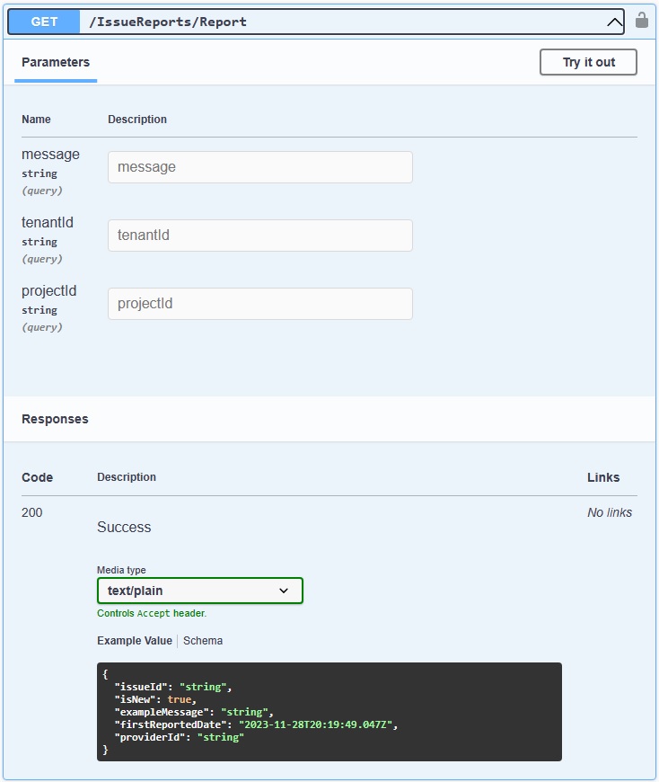 screenshot of the Swagger page scrolled to the ReportIssue secrtion of the test app