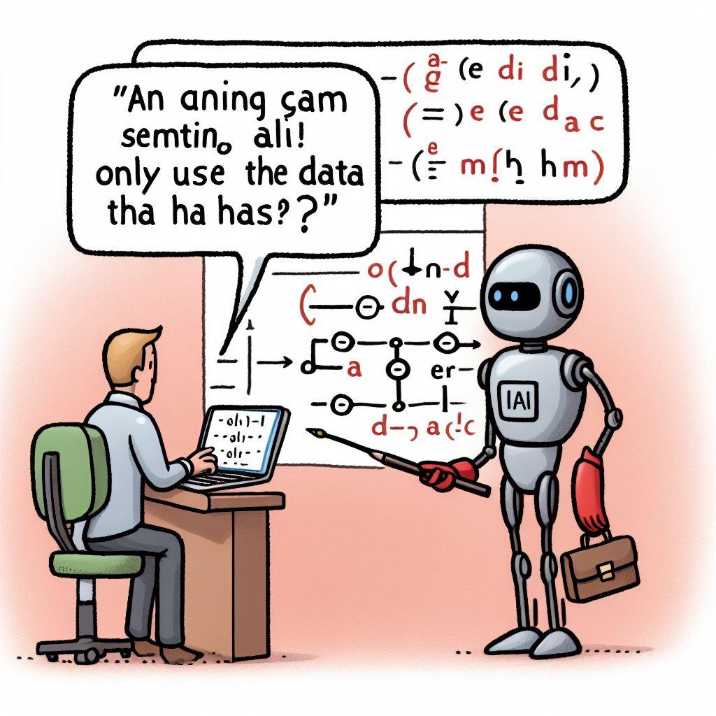 A cartoon of a robot pointing to a board with lots of diagrams on it while a human word-bubbles nonsense at it