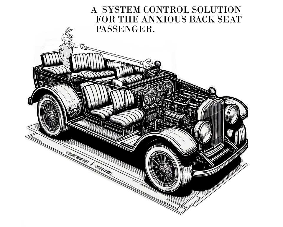 A line art depiction of an invention that allows back seat passengers to control a car with a gloved hand on a pole.
