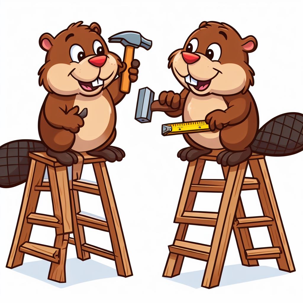 A picture of two beavers on ladders, one with a hammer and the other a measuring tape