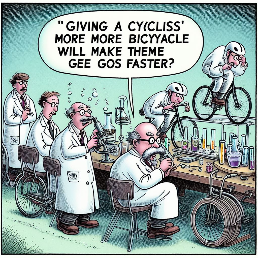 A cartoon of a bunch of scientists at a lab bench with bicycle parts and a cyclist on top with on of the scientists saying "Giving a CY(Cliss' more more bicyyacle will make theme gee gos faster"