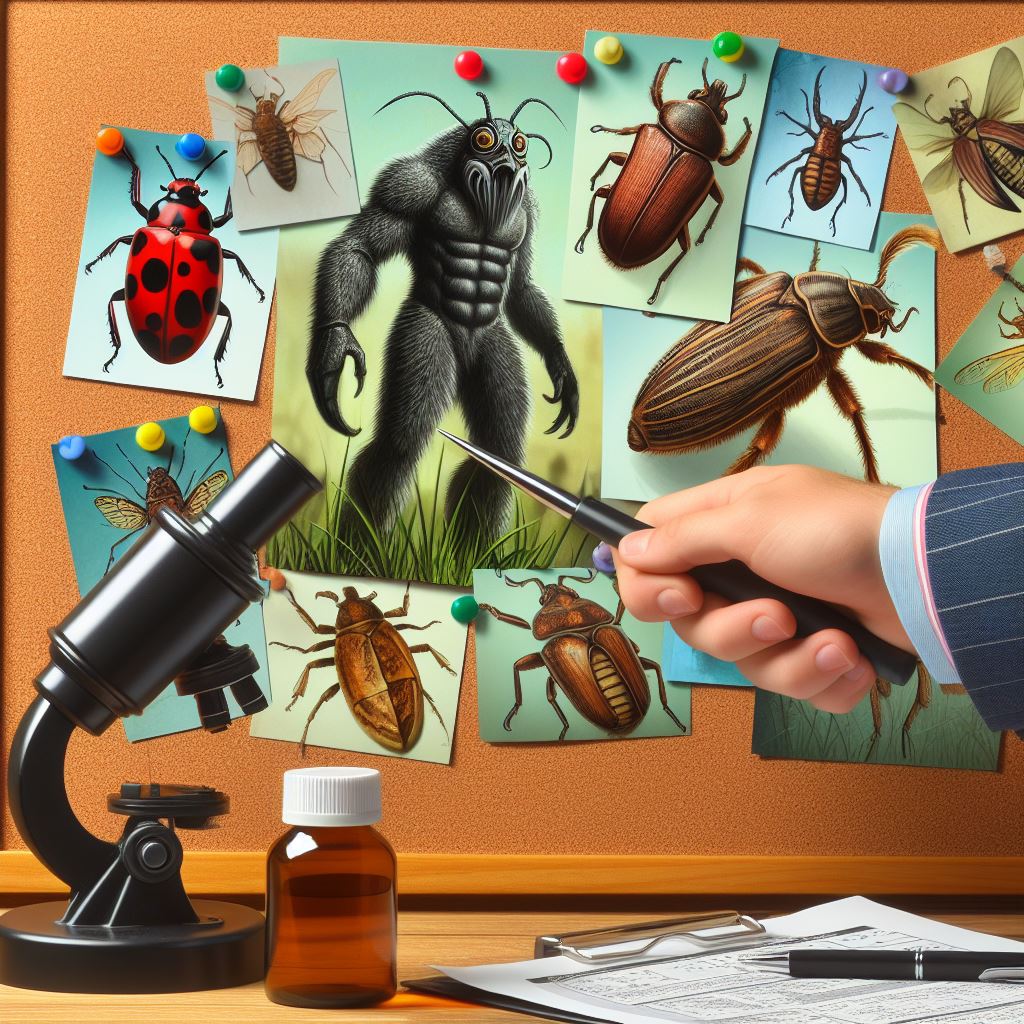 Image a hand with a pen pointing at a corkboard of beetles, one of which is a bigfoot/beetle hybrid.