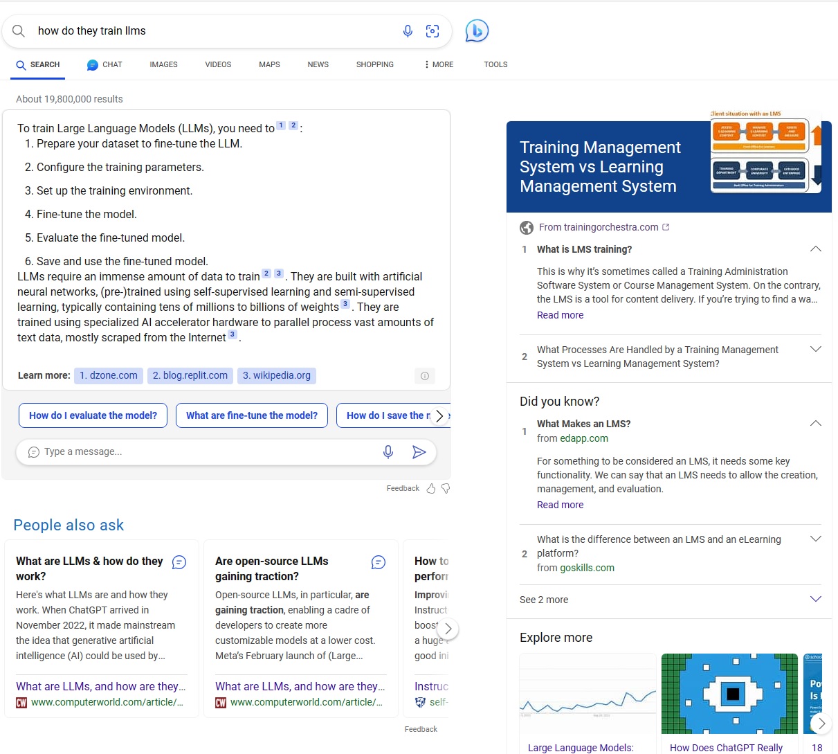 A Bing search result screen with generative AI responses mixed with page site hits for the query 'how do they train llms'
