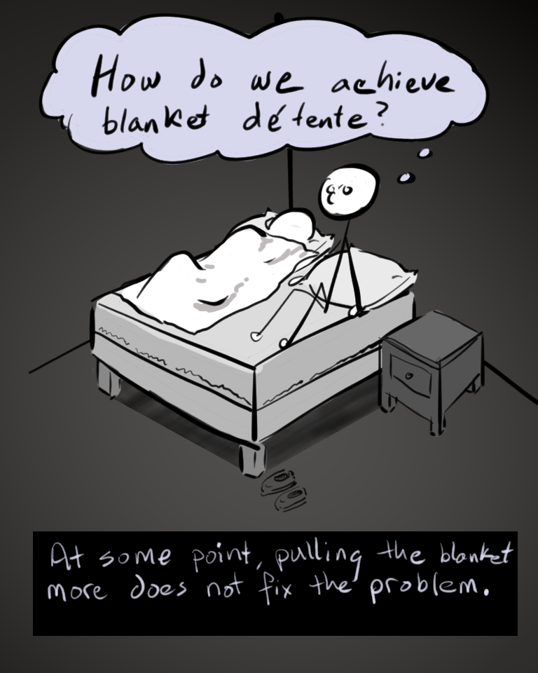stick figure cartoon of two people in bed, one under blanket one not, with the person thinking "How do we achieve blanket detente?", and a caption underneath that says "Sometimes pulling the blanket more does not fix the problem."