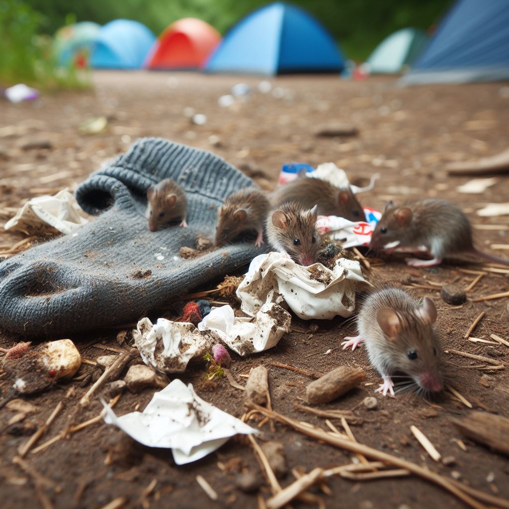 AI generated photo depicting a campsite with litter left behind and mice