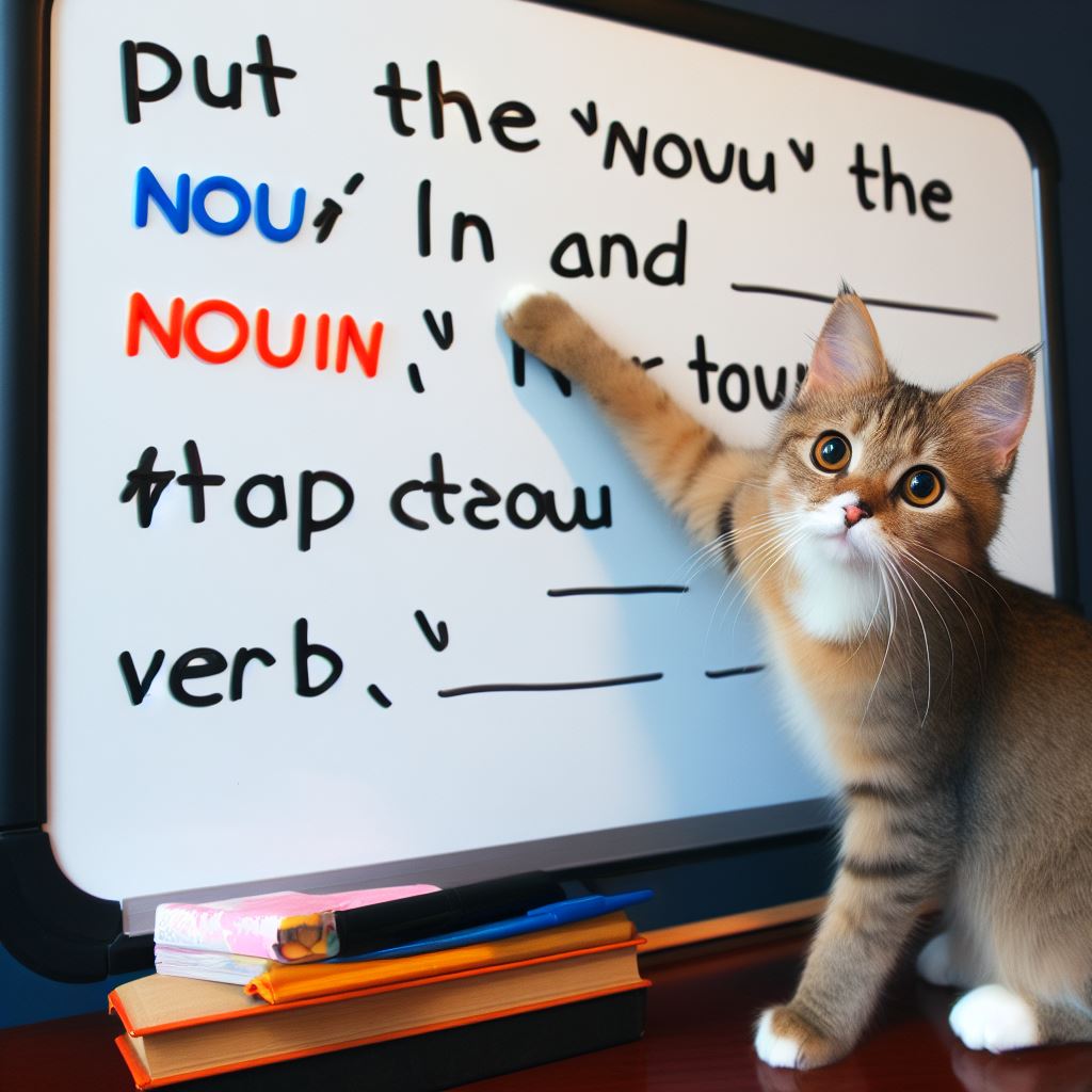 A picture of a cat playing MadLibs on a whiteboard