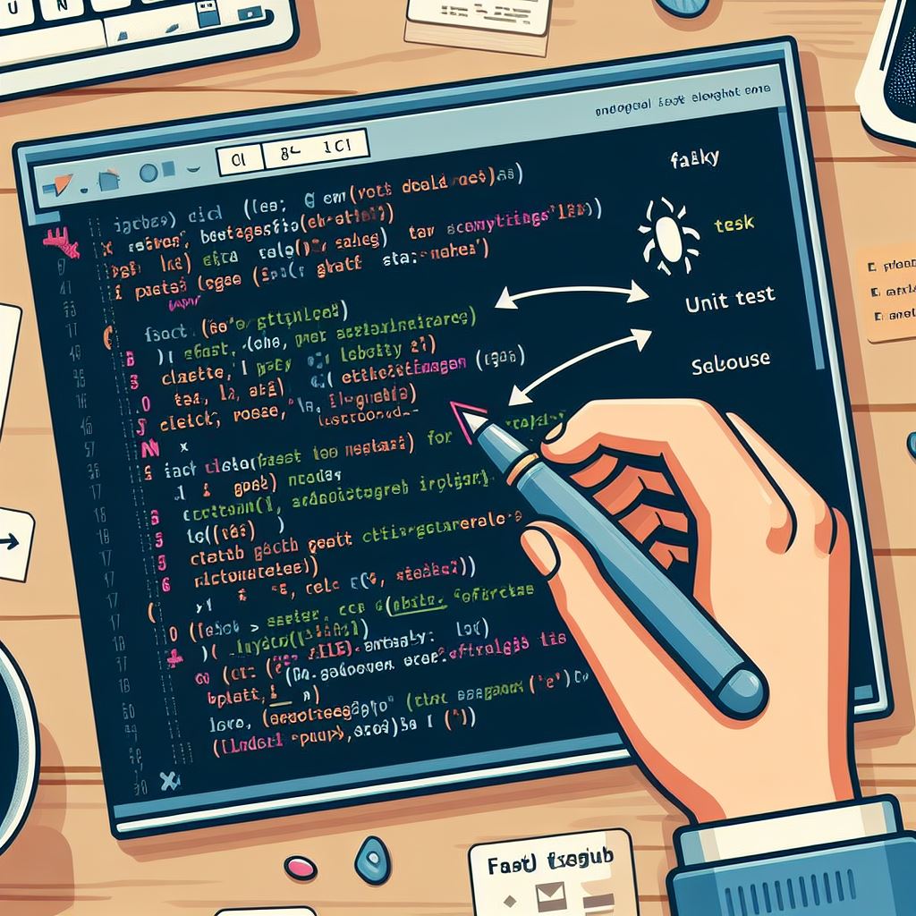 A cartoonish looking image of a person using a stylus to change code on a computer screen