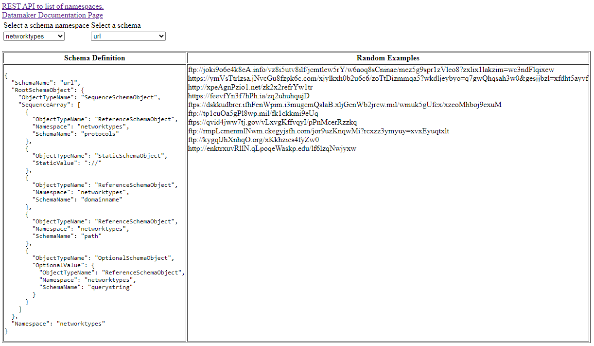 screenshot of the app I used DoesQA to test, DataMaker, showing two select lists and a table with text below it