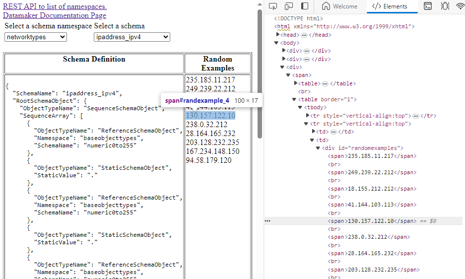 screenshot of DataMaker page showing that the random examples list items were missing id on their span elements