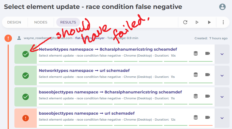 screenshot showing results of the four run combinations above, with the first combination passing when it should have failed