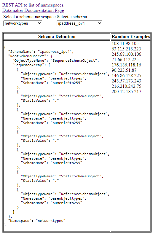 a screenshot of the DataMaker WebUI, which has dropdowns for schema categories, schema names, json schema definition, and example data in the schema format