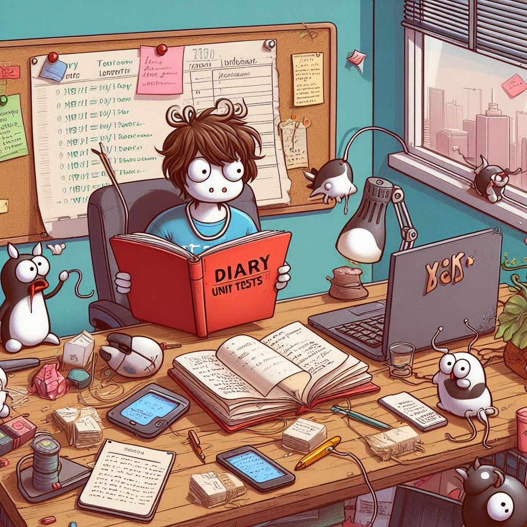 Cartoon of a kind of dragon monster developer sitting at a messy desk reading a book titled Unit Tests