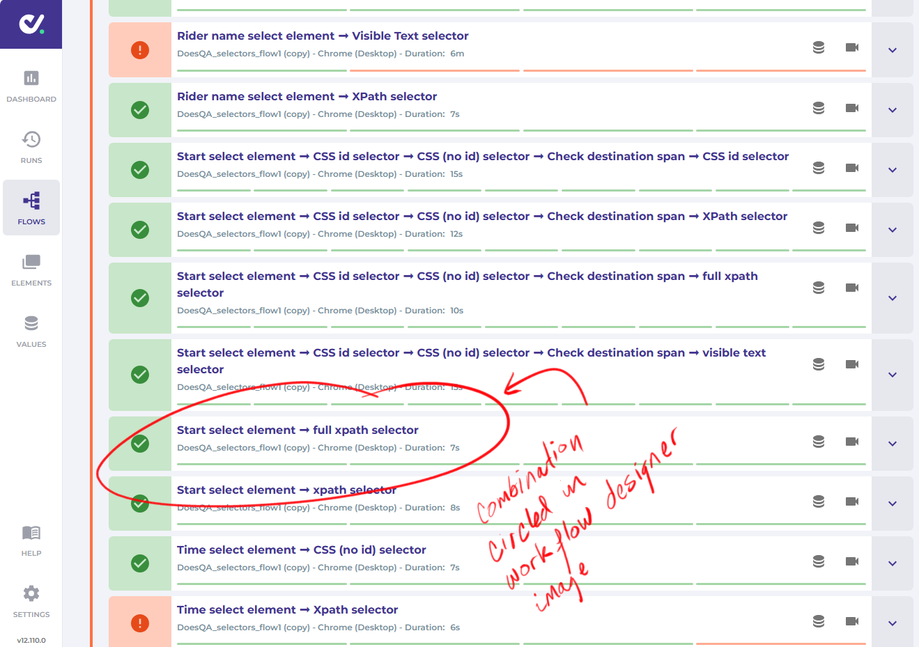 A picture of DoesQA run results with the result row associated with the branch in the prior image circles