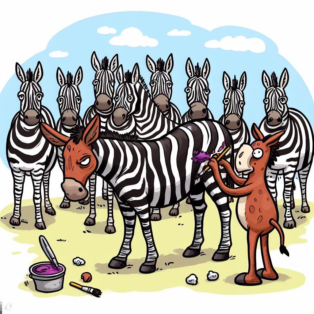An image of a donkey painting zebra stripes on other donkeys