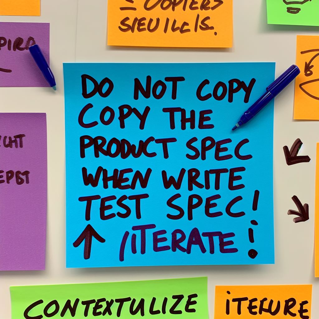 A sticky note that says not to copy the product spec when writing the test spec