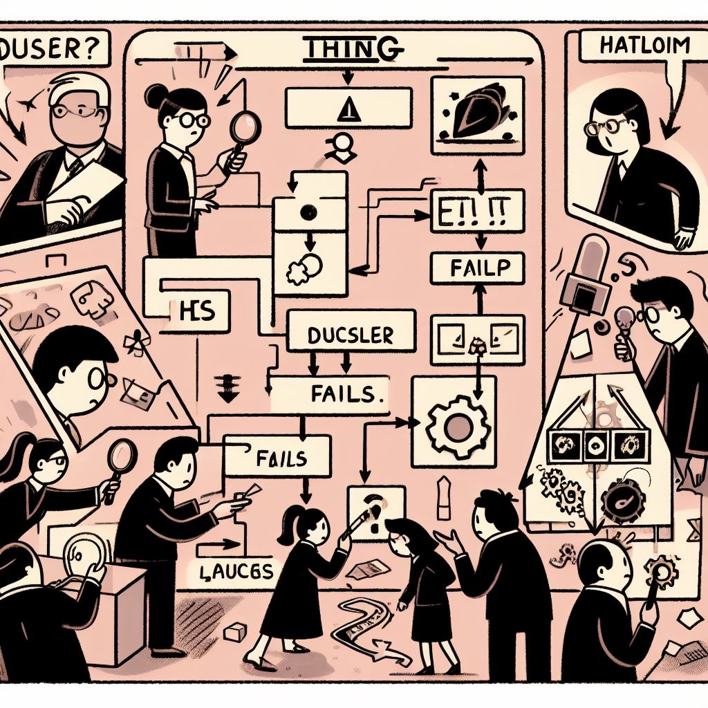 A cartoon of a bunch of people examining a flowchart for failures