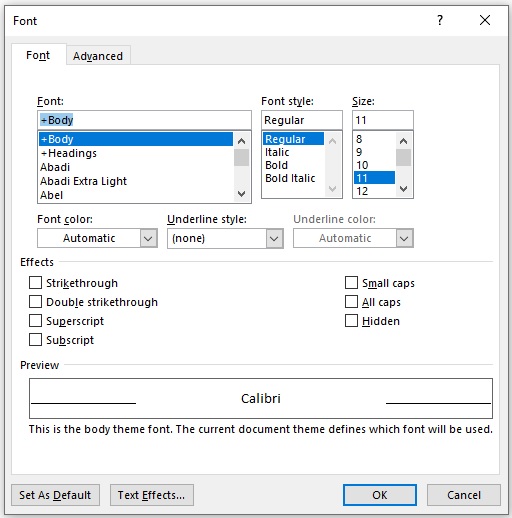 A screenshot of the Format Font dialog from Microsoft Word, Windows version.