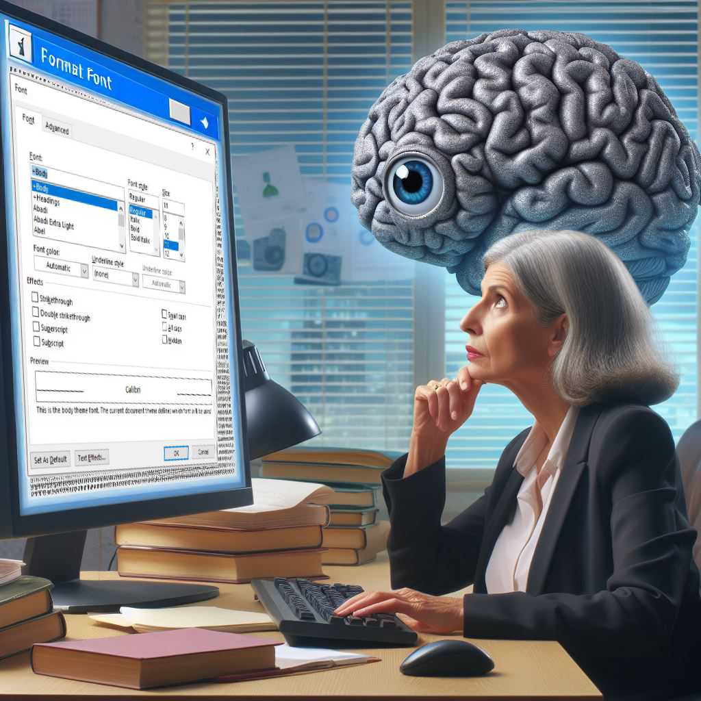 A women contemplating the Format Font dialog on her computer screen while a giant brain hovers overhead