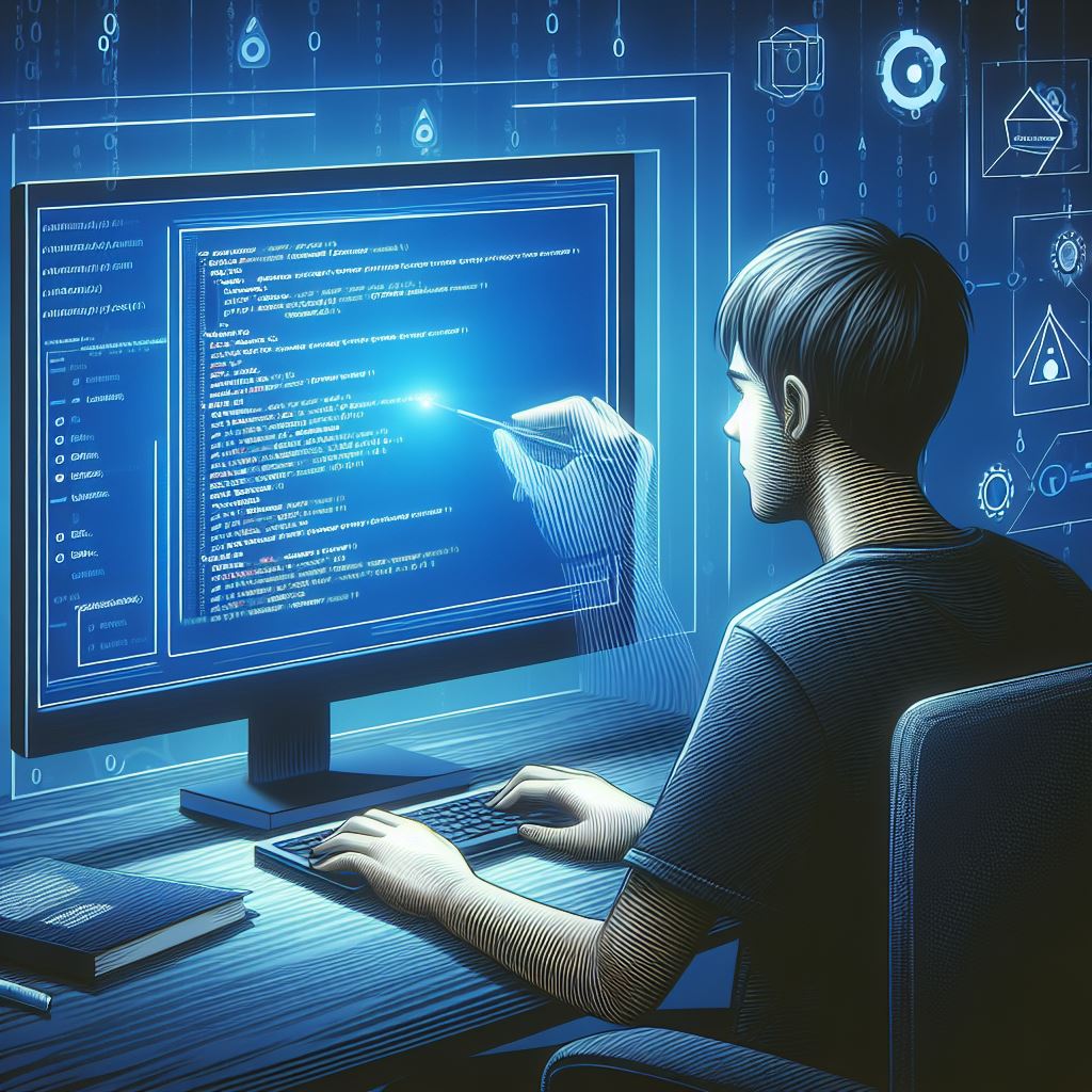 Depiction of a tester looking at code on a computer screen