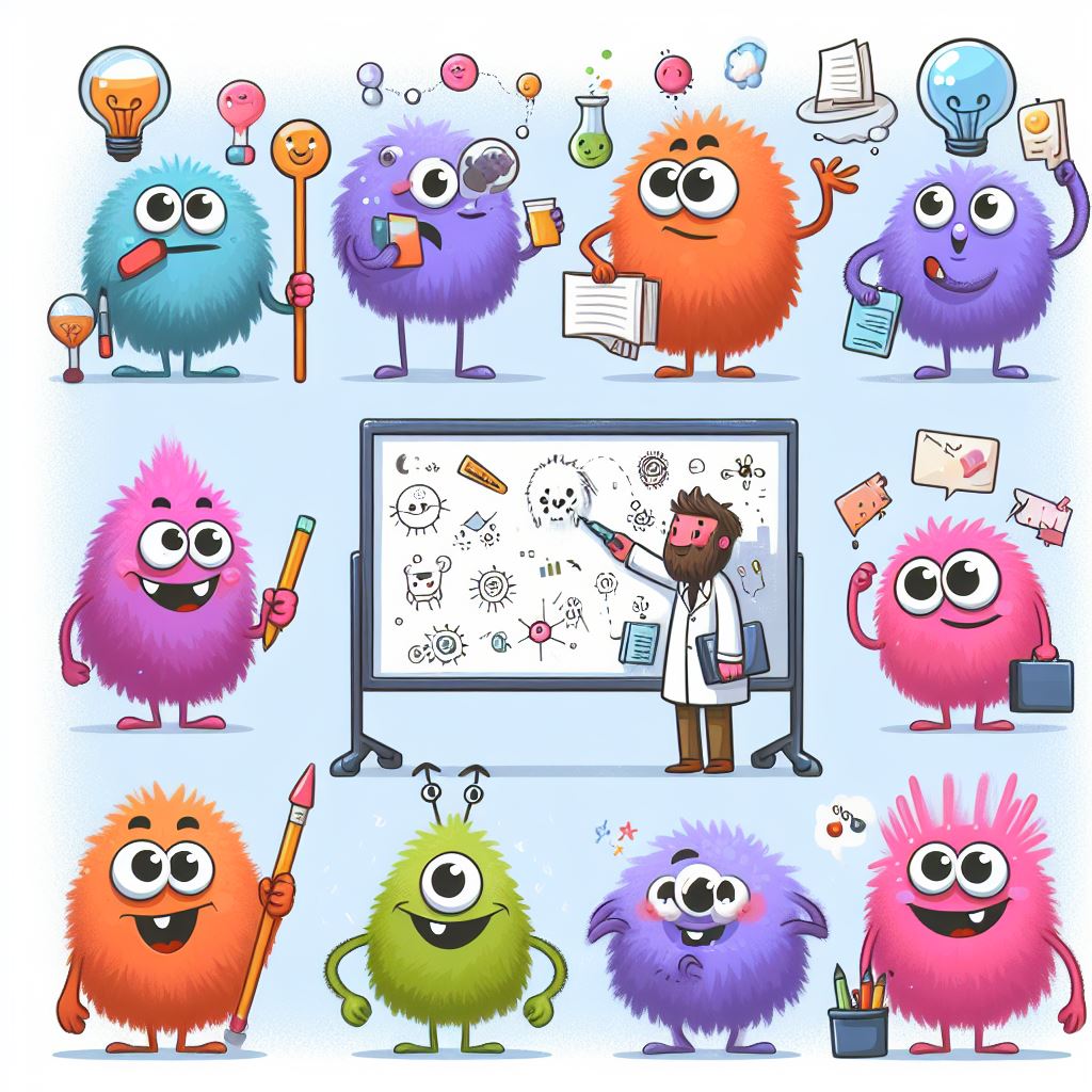 A cartoon of a bunch of fuzzy monsters surrounding a scientist at a whiteboard