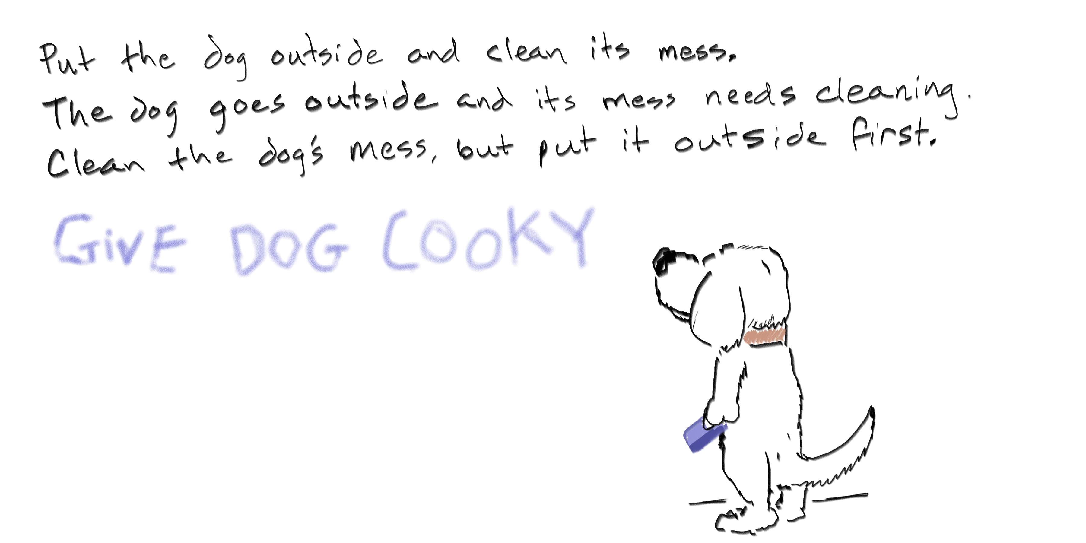 Picture of a dog altering instructions to put it outside with phrase give dog cooky