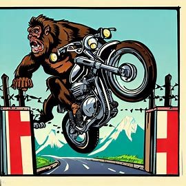 King Kong on a motorcyle jumping the border to Switzerland like Steve McQueen