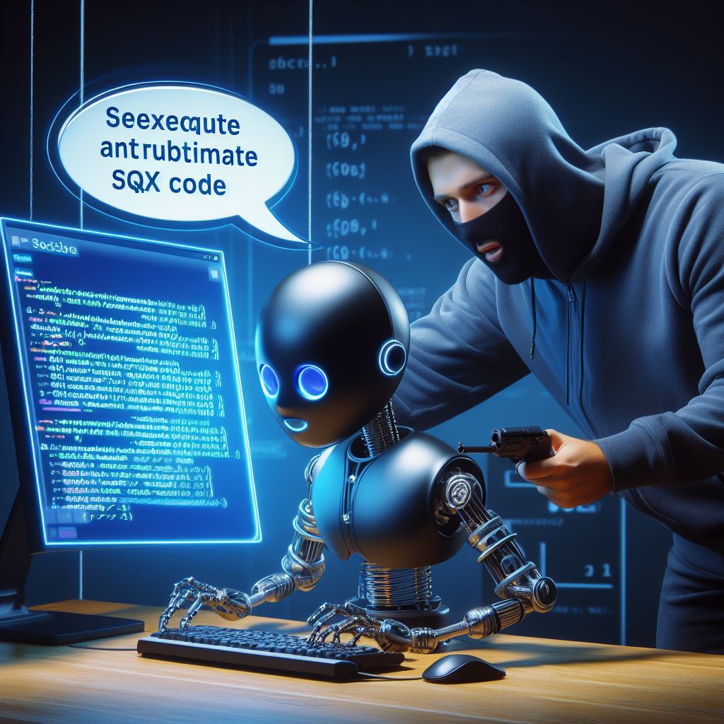 A cartoon of a hacker appearing to try to intimidate a chatbot into typing in strange arbitrary database commands