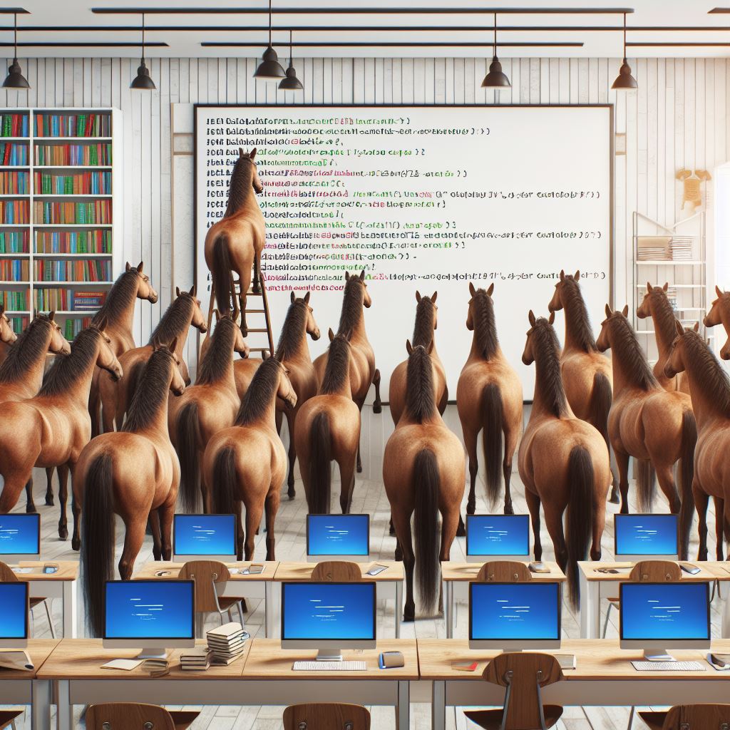 A drawing depicting a bunch of horses in standing in front of a whiteboard with code on it