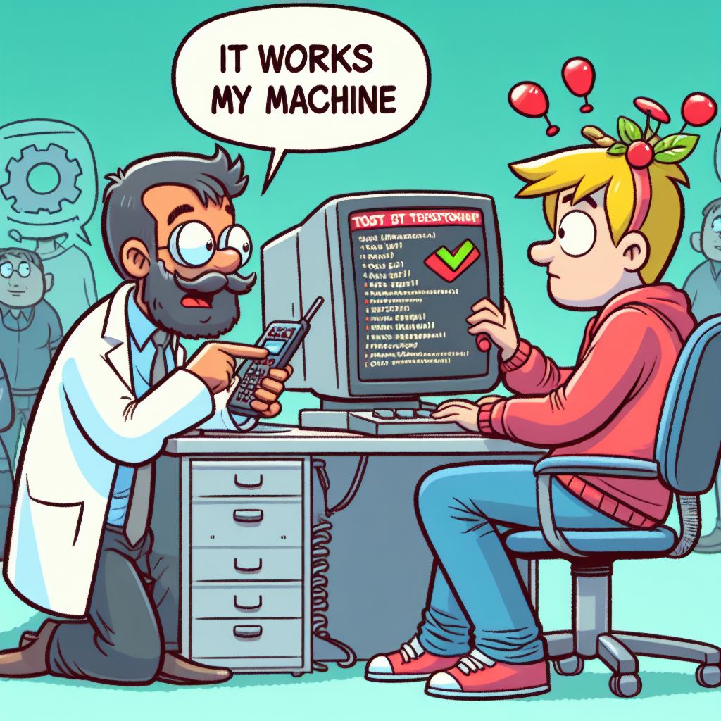 A cartoon depicting a tester listening to a developer telling them 'It works on my machine'