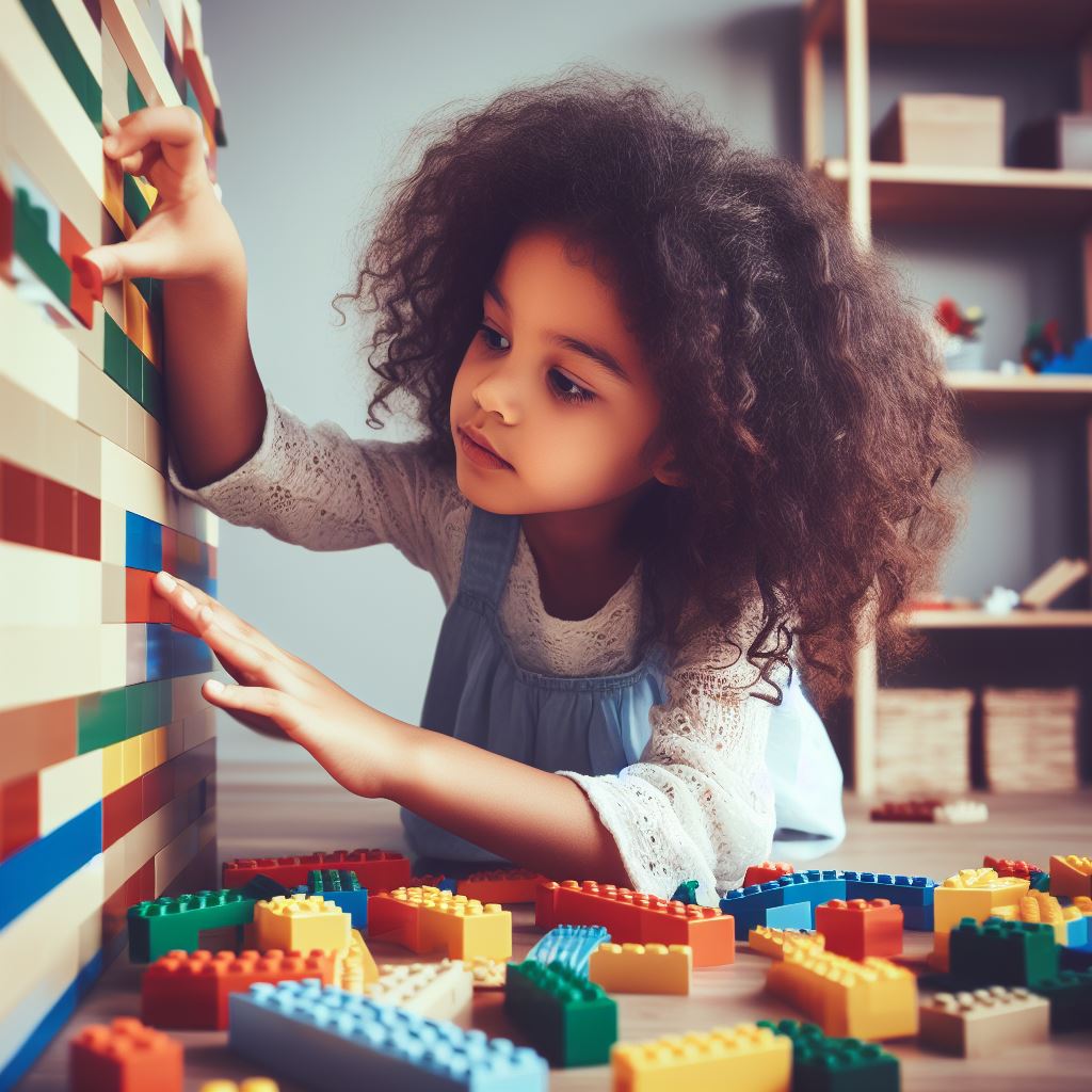 A kid building a Lego wall