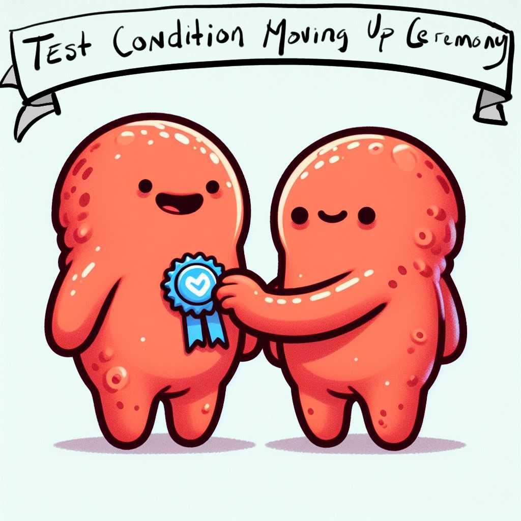 A cartoon of a two monsters at a test condition moving up ceremony, one of the monsters putting a badge on the other's chest.