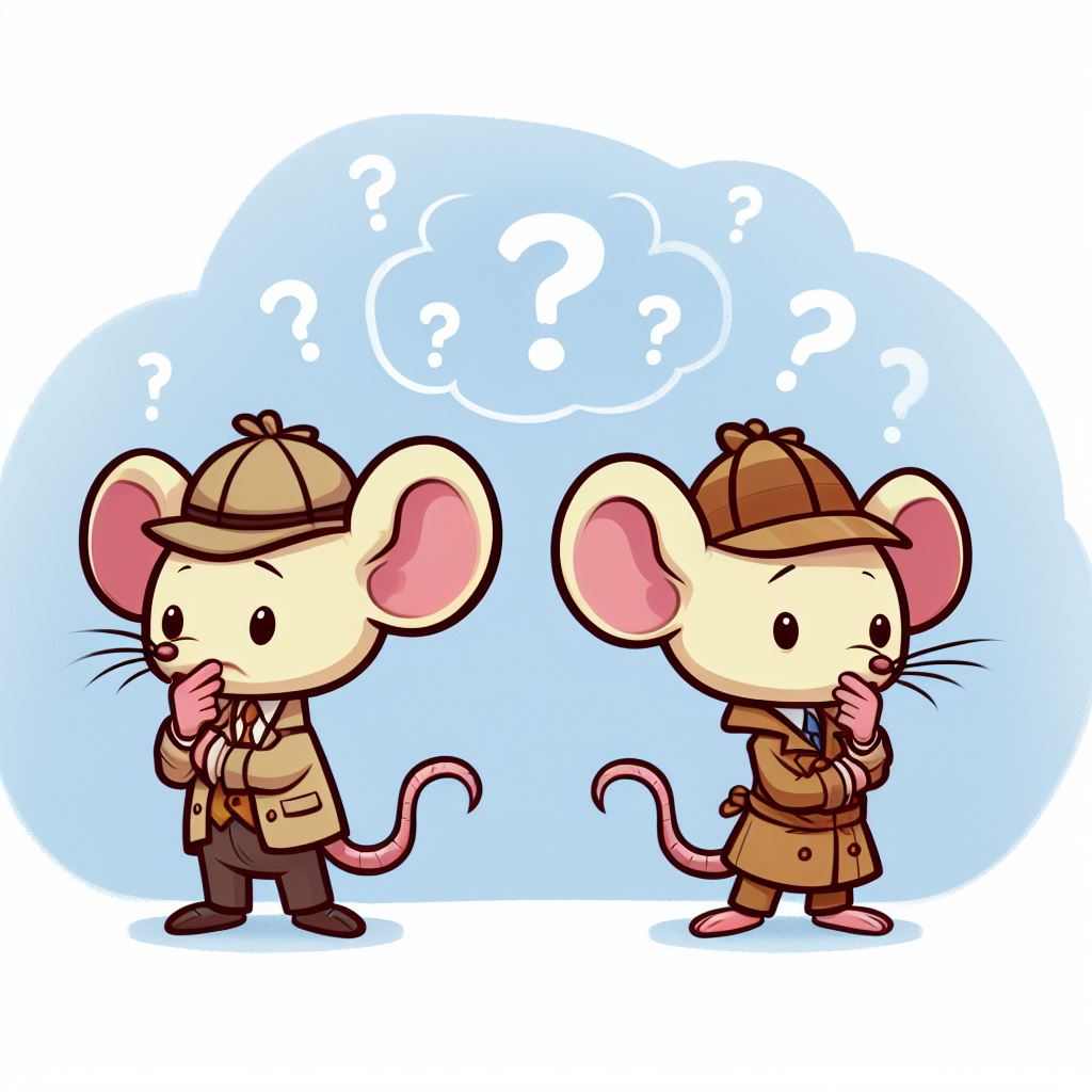 Two mice dressed as detectives contemplating a question