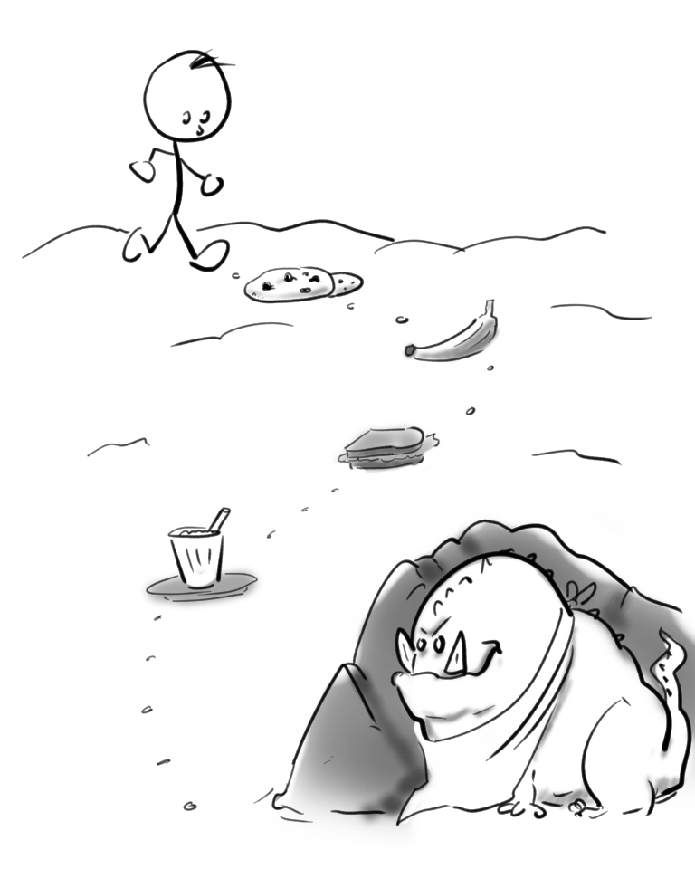 Stick figure image of a person following a trail of food on the ground, as a monster waits ahead, hiding behind a rock.