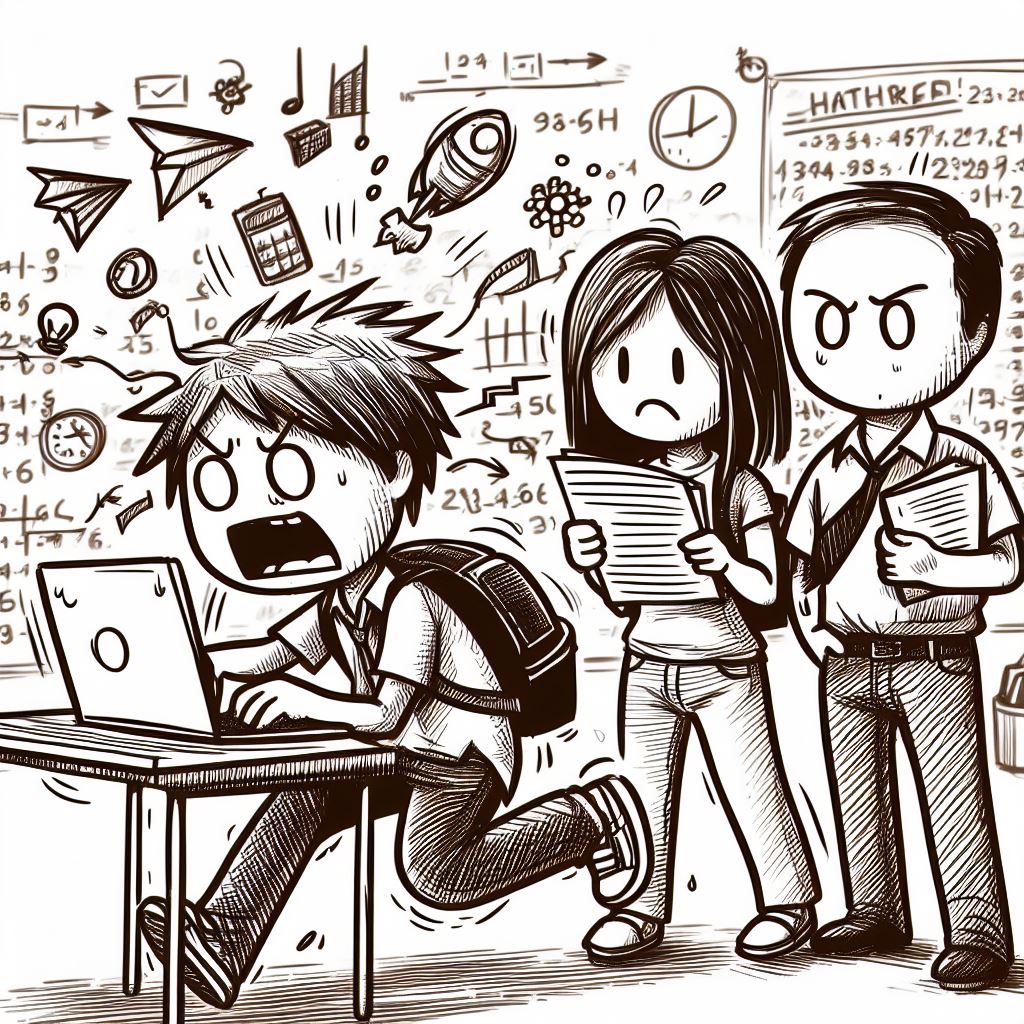 Cartoon image of a student rushing to their laptop while parents look on in frustration