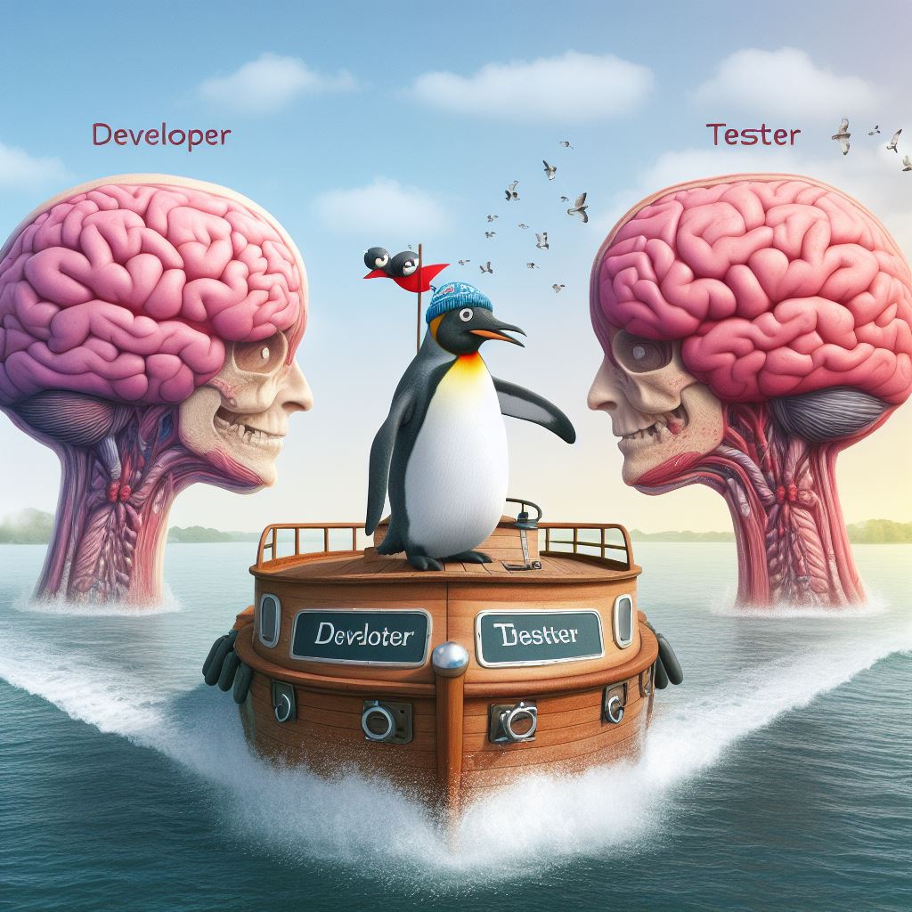 A surreal image of a penguin on a charter boat between two brains labelled developer and tester repectively