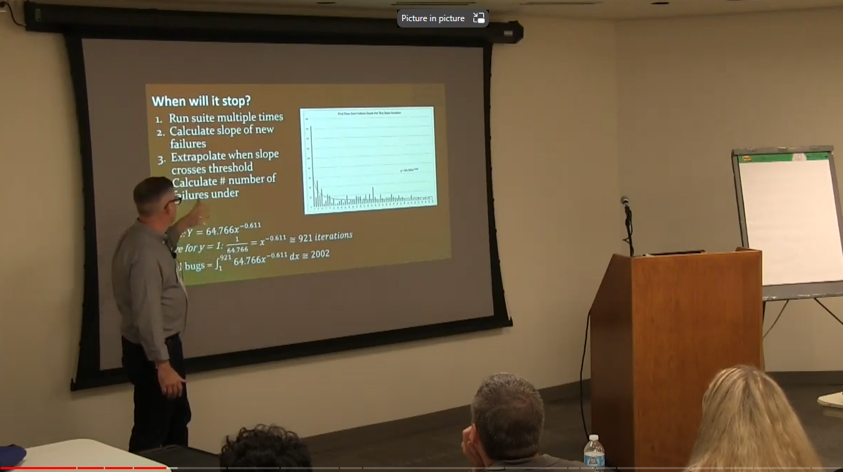 Image of me presenting a talk at PNSQC where I describe analysis we were able to do with duplicate failure detectin