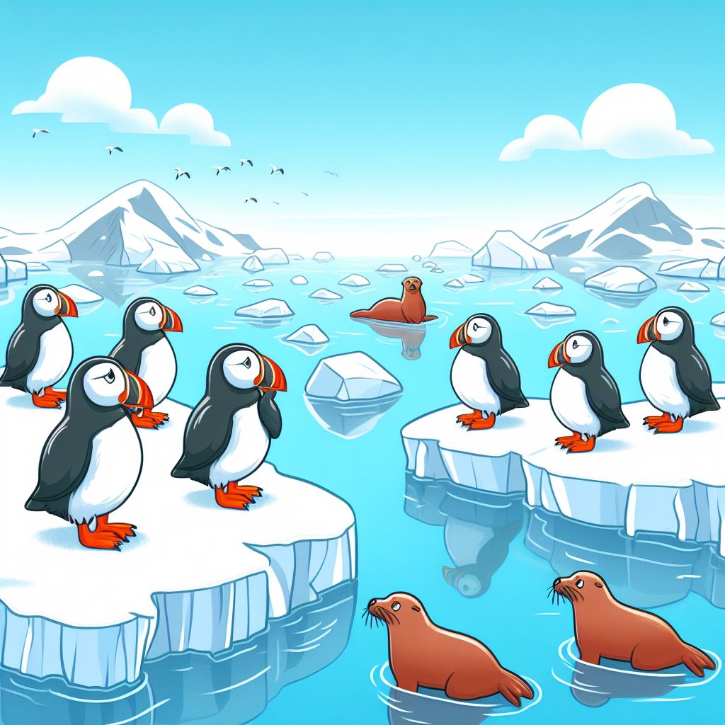 A cartoon of arctic puffins contemplating the problems of sea lions in the water