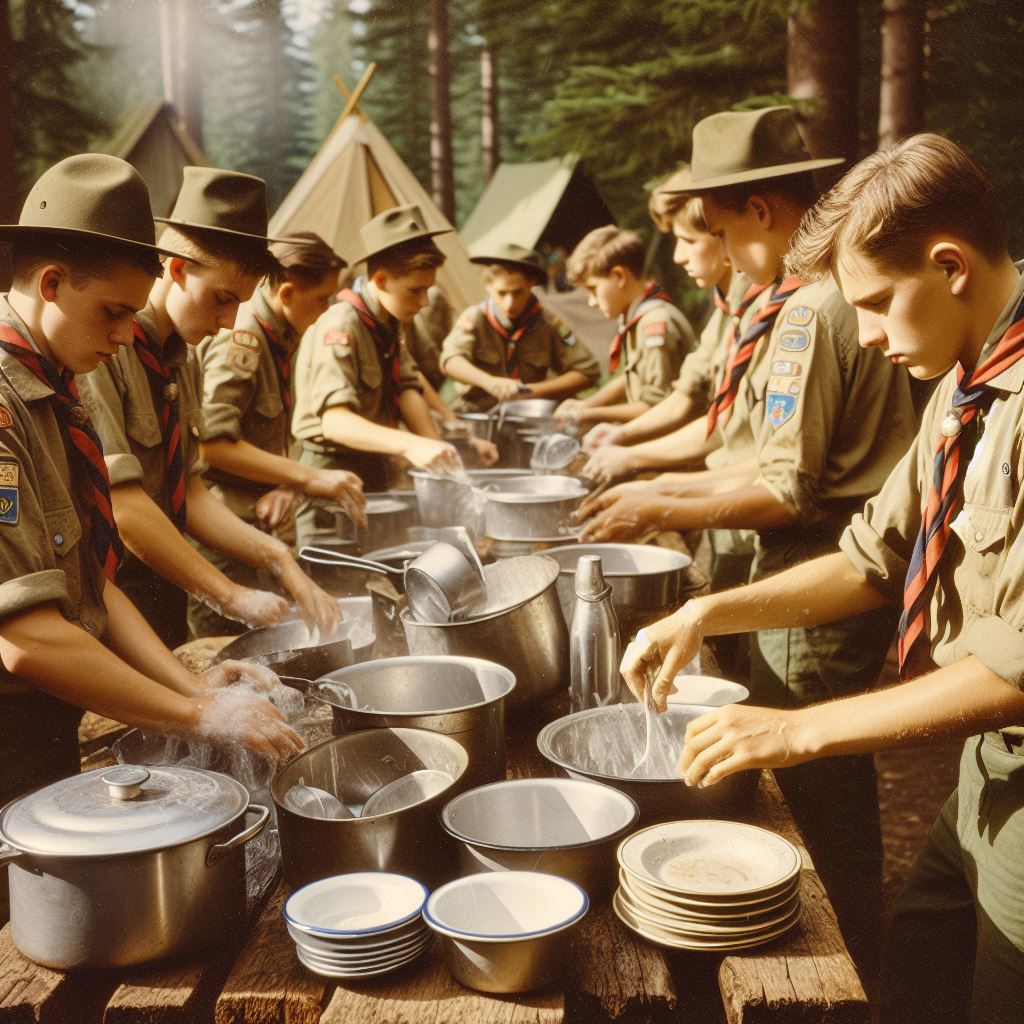 An AI generated photo of boy scouts cleaning dishes