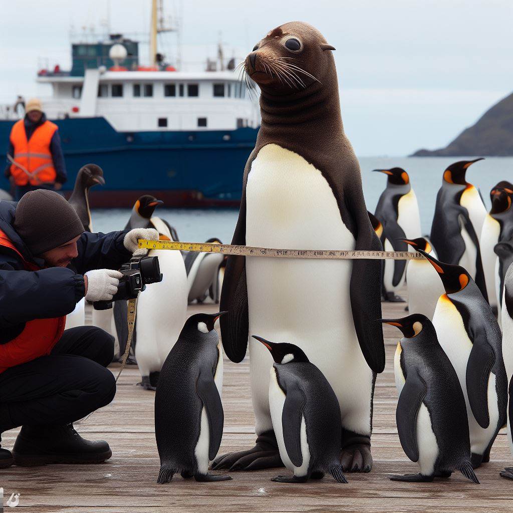 A generated image of a sea lion disguised as a penguin being measured for girth