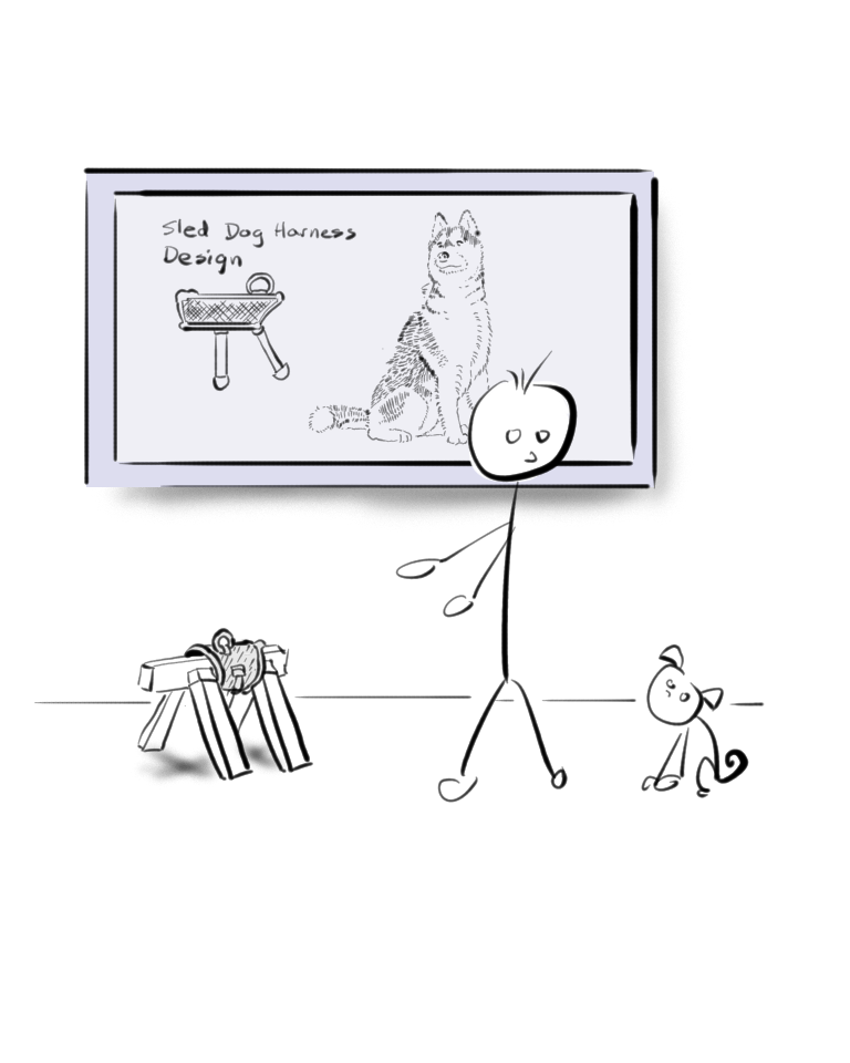 Stick figure cartoon depicting someone testing a sled dog harness on a sawhorse dog model and trying to convince their tiny dog to put it on