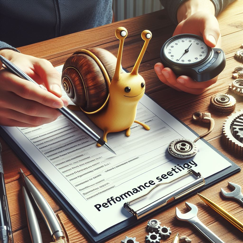 Cartoonish picture of a snail sitting on a performance testing specification, even if the title is spelled badly. There is hand holding a stopwatch, and another hand holding a pen over the paper.