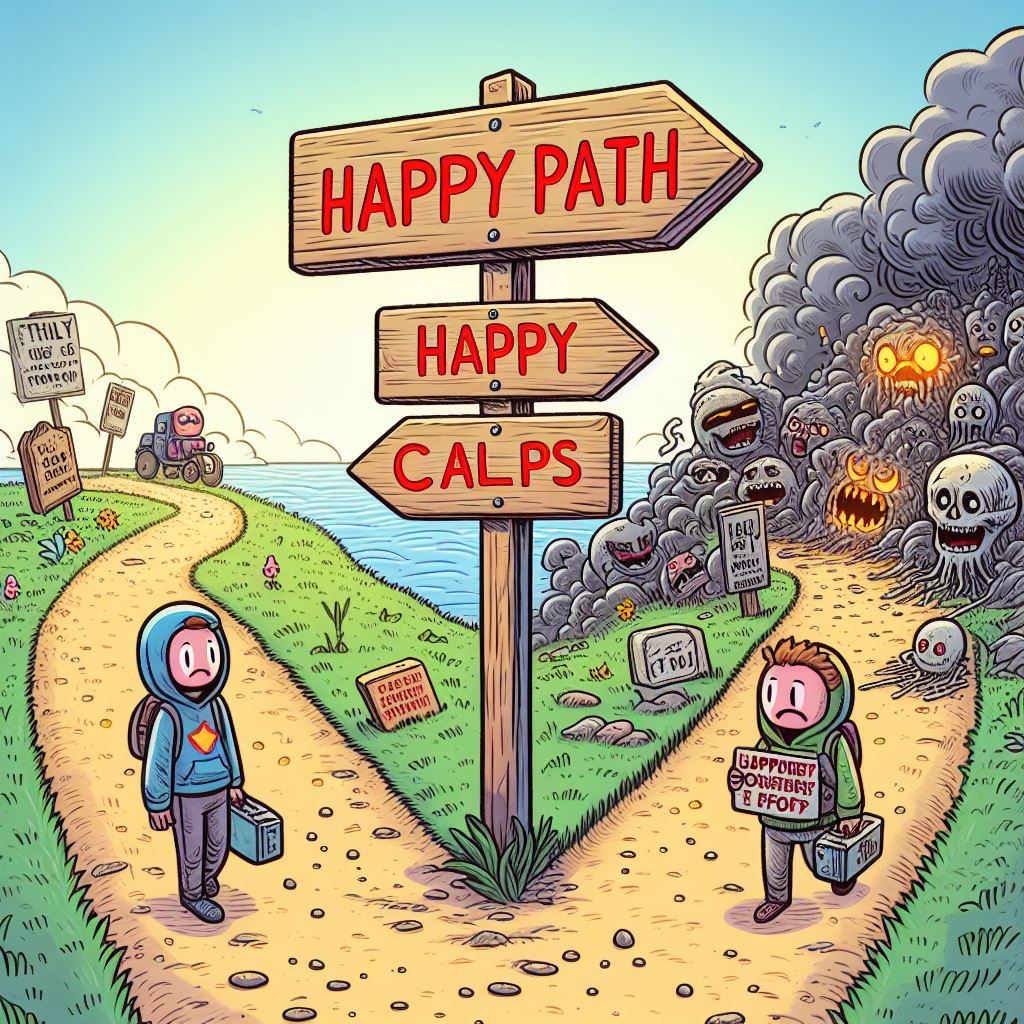 A cartoon depicting a path with a fork, one side happy the other side frought with monsters and problems