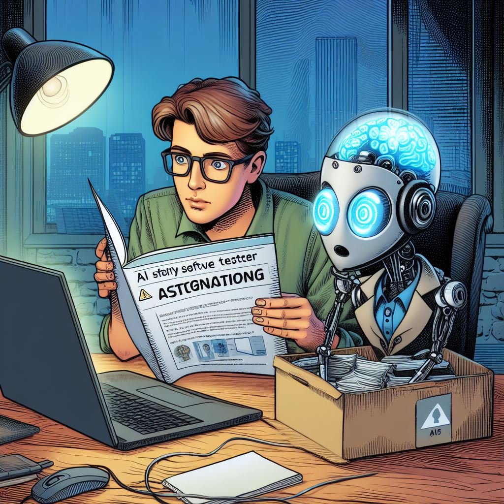 A cartoon depicting a person and an AI robot sitting at a desk staring at a computer