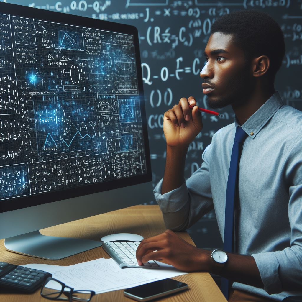 Image depicting a software testing looking at a computer screen full of math formulas