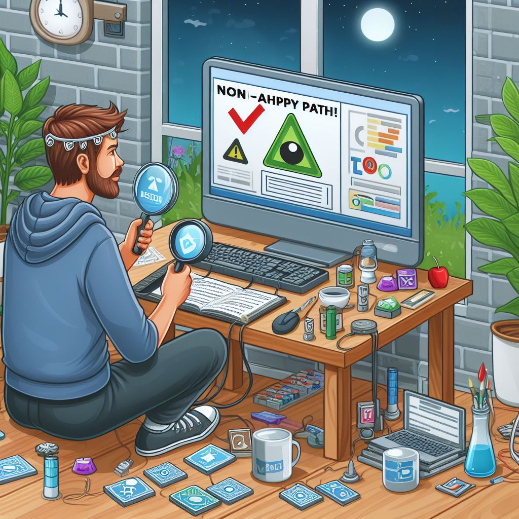 Image of a tester in front of their computer screen with the words Non AHPPY PATH displayed on it. Also a very cluttered work environment