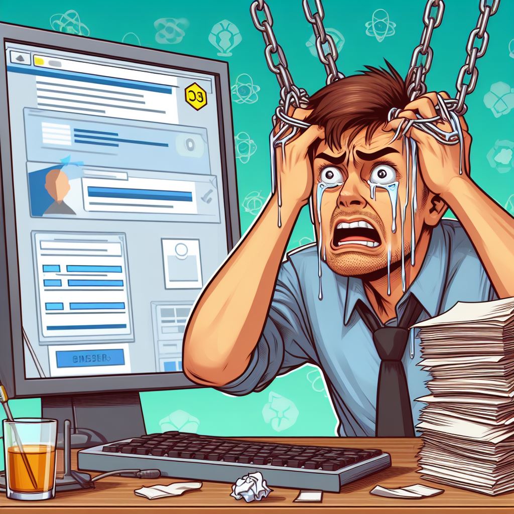 Cartoon of a tester in front of a computer with a web-ui, hands in hair, tears pouring from eyes, chains running from the ceiling shackled to his fingers.