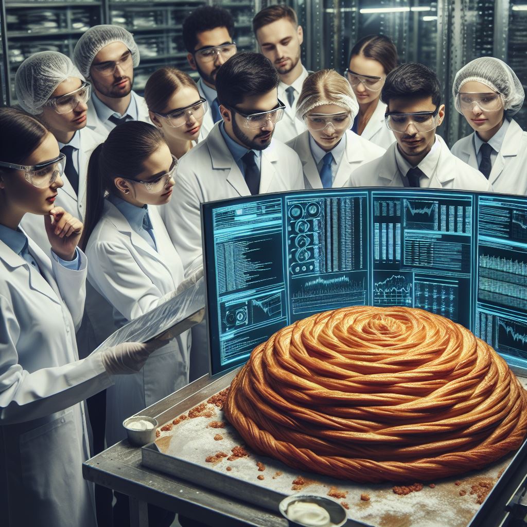 image depicting a group of testers looking at a large many layered puff pastry