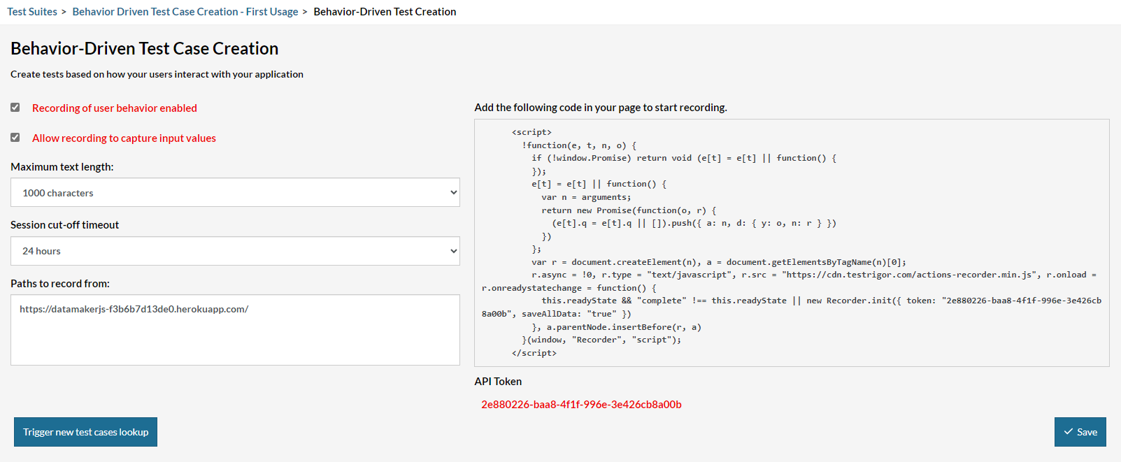 a screenshot of the testRigor behavior driven case creation settings page