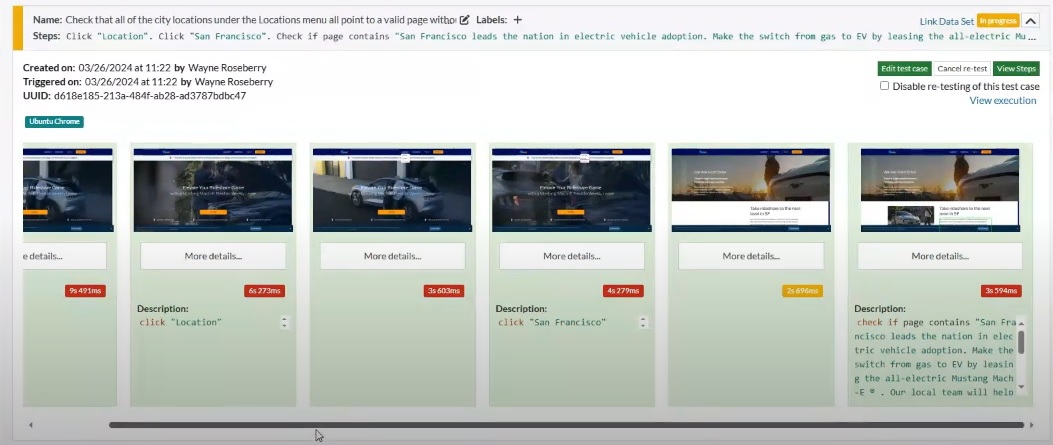 A screenshot of the locations link testing script in TestRigor with images of the browser screen taken at each generated step