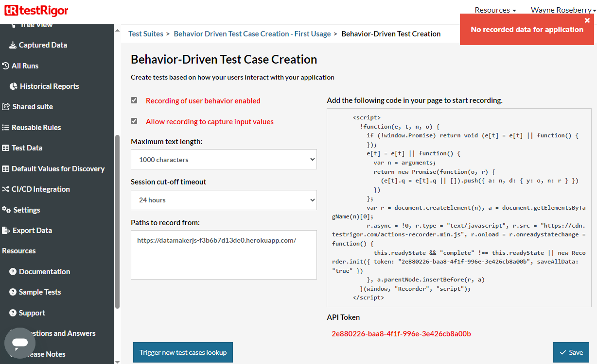 A screenshot of the testRigor behavior driven case creation settings page displaying the No recorded data for application error